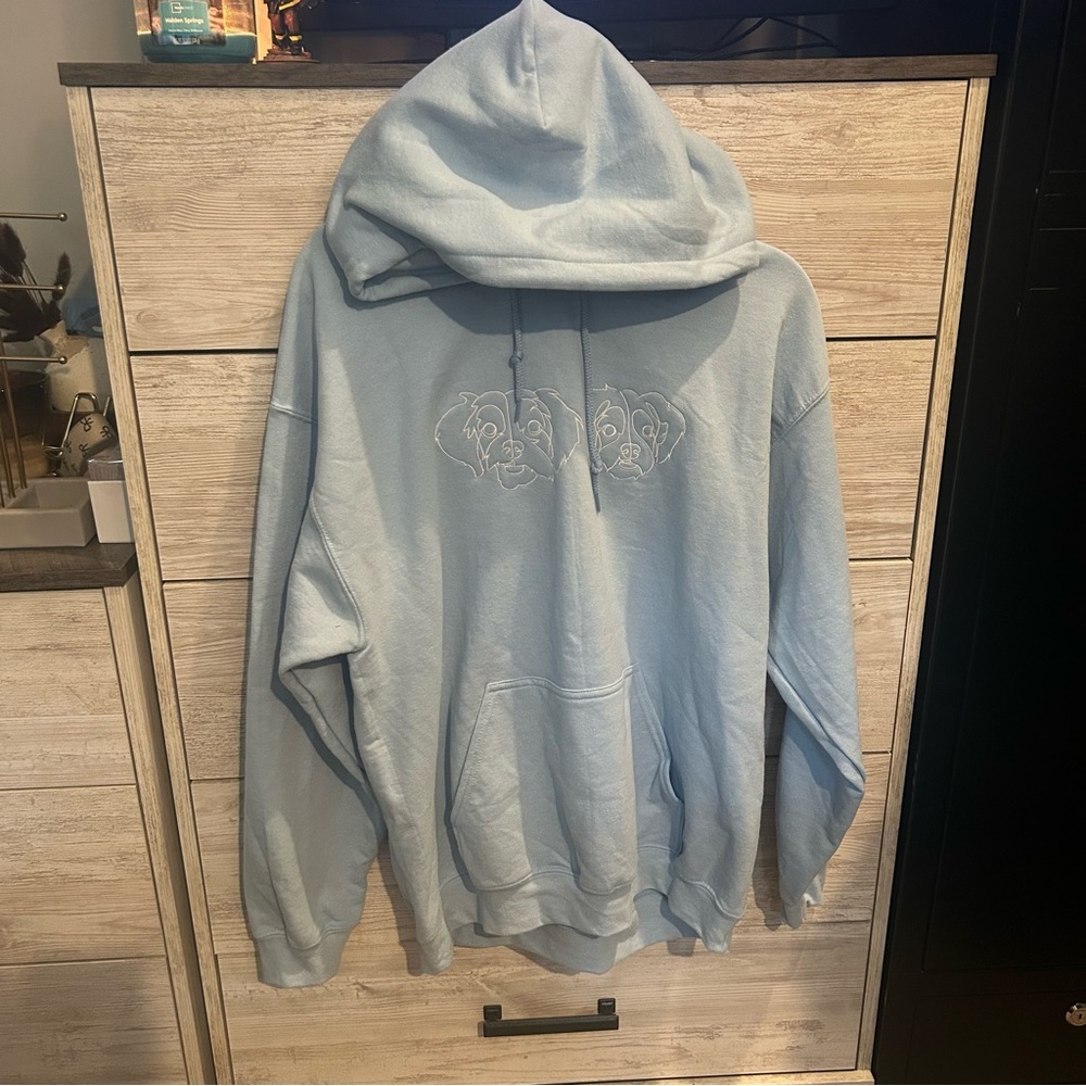 Light Blue Pullover Hoodie with Dog Outline Embroidery size large